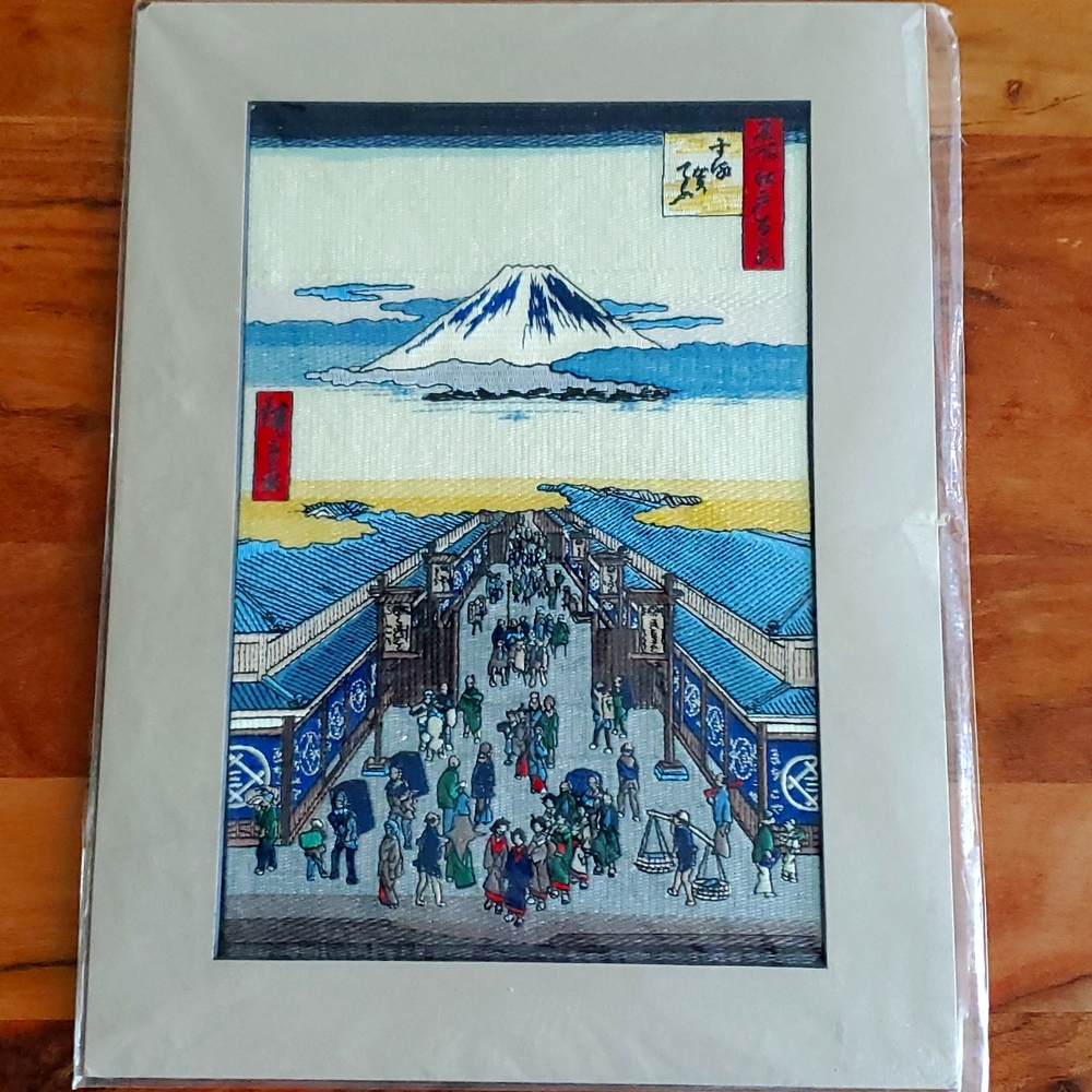 Japanese Silk Embroidery "Most good looking view MT.Fuji at central EDO"